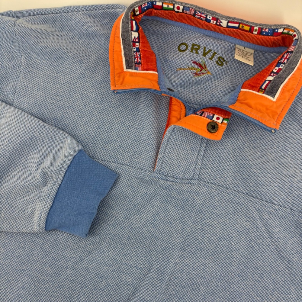 Orvis Pullover Mens Large Blue Quarter Zip Button Flag Trim Corduroy Collar‎